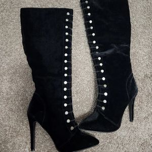 Black velvet knee high boots
